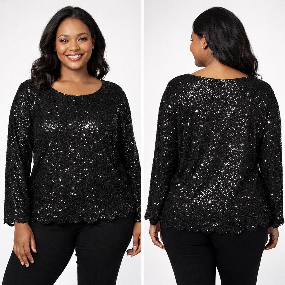 Womens Black Fancy XL Sequin Long Sleeve Top Scallop Hem Party Cocktail Blouse